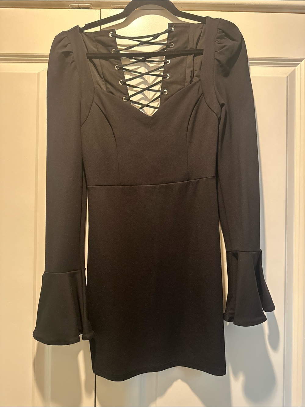 AKIRA Black Lace-Up V-Neck Long Sleeve Mini Dress
